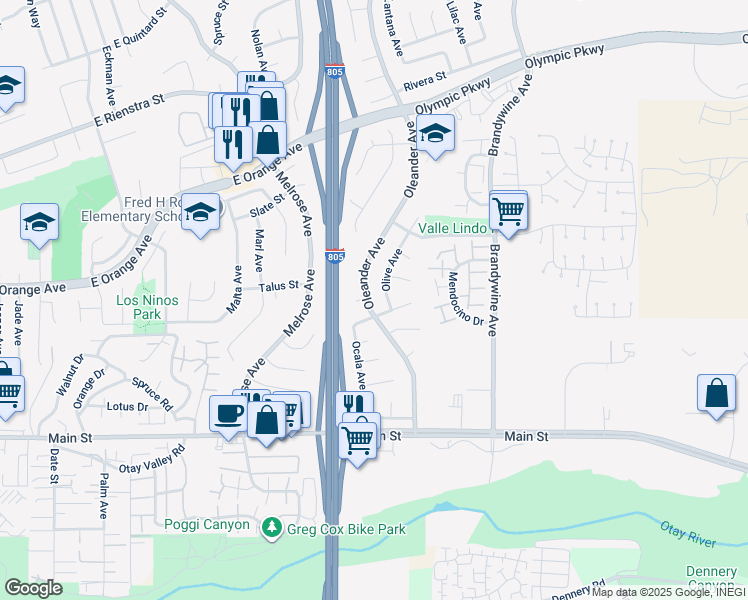 map of restaurants, bars, coffee shops, grocery stores, and more near 1595 Oleander Avenue in Chula Vista
