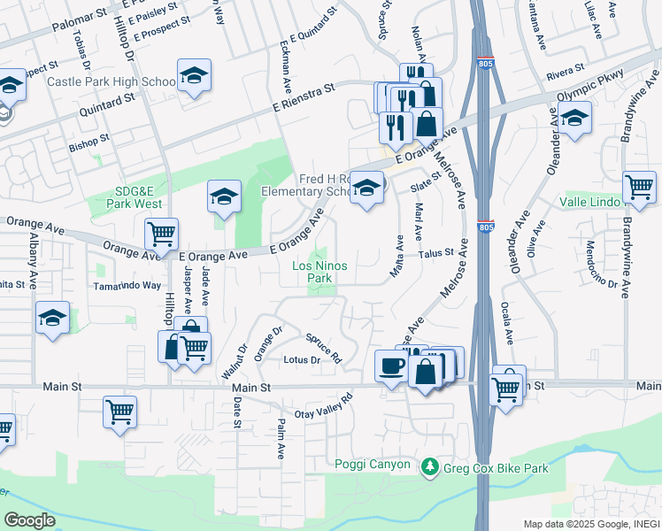 map of restaurants, bars, coffee shops, grocery stores, and more near 1590 Max Avenue in Chula Vista