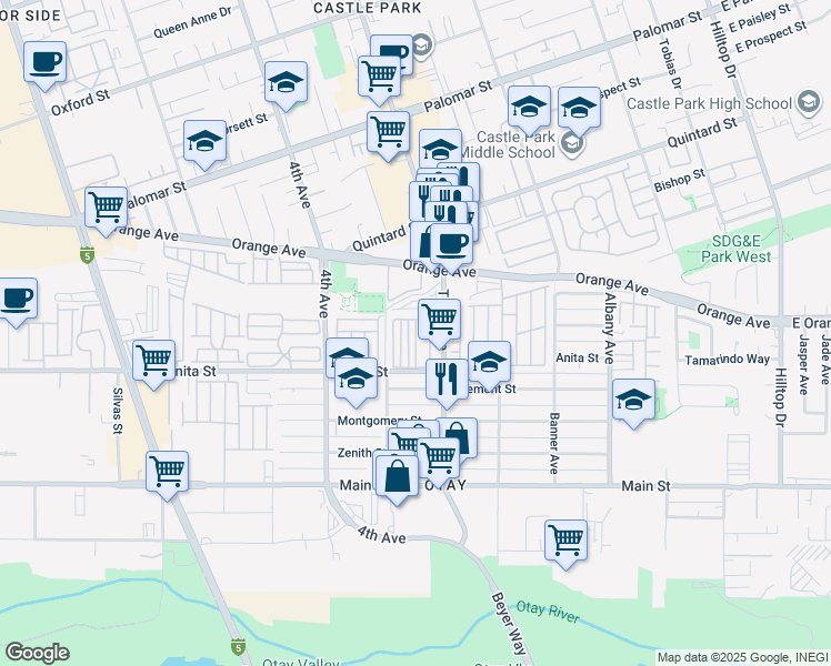 map of restaurants, bars, coffee shops, grocery stores, and more near in Chula Vista