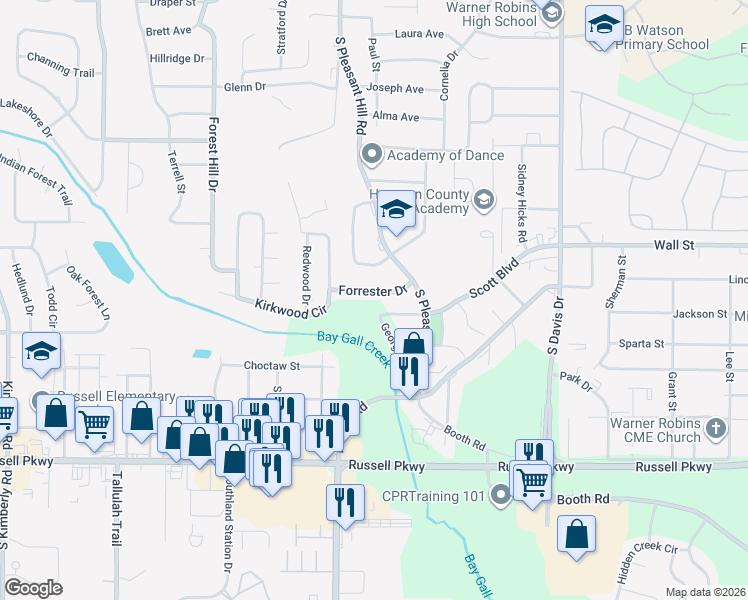 map of restaurants, bars, coffee shops, grocery stores, and more near 109 George Circle in Warner Robins