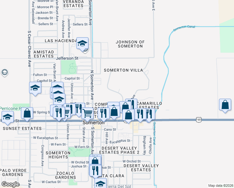 map of restaurants, bars, coffee shops, grocery stores, and more near 297 North Marshall Loop Road in Somerton