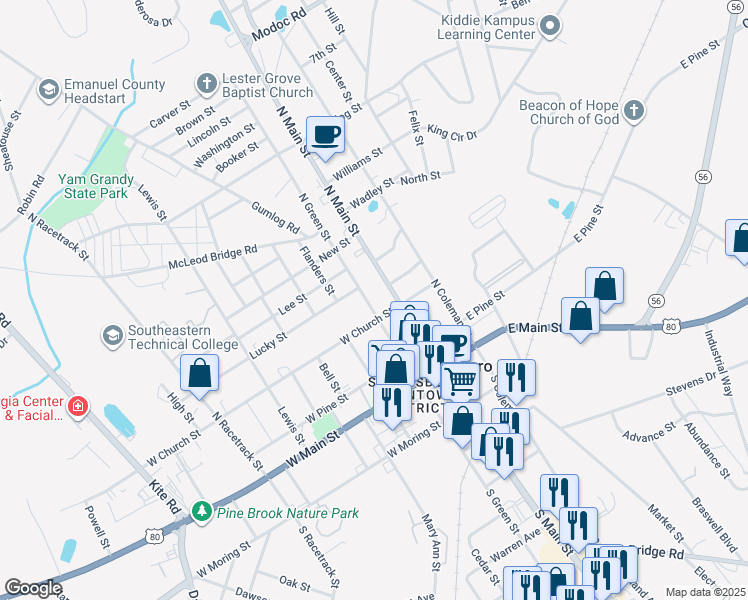 map of restaurants, bars, coffee shops, grocery stores, and more near W Church St in Swainsboro