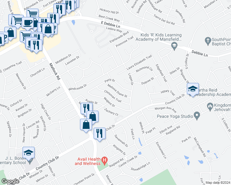 map of restaurants, bars, coffee shops, grocery stores, and more near 2016 Melissa Diane Street in Mansfield