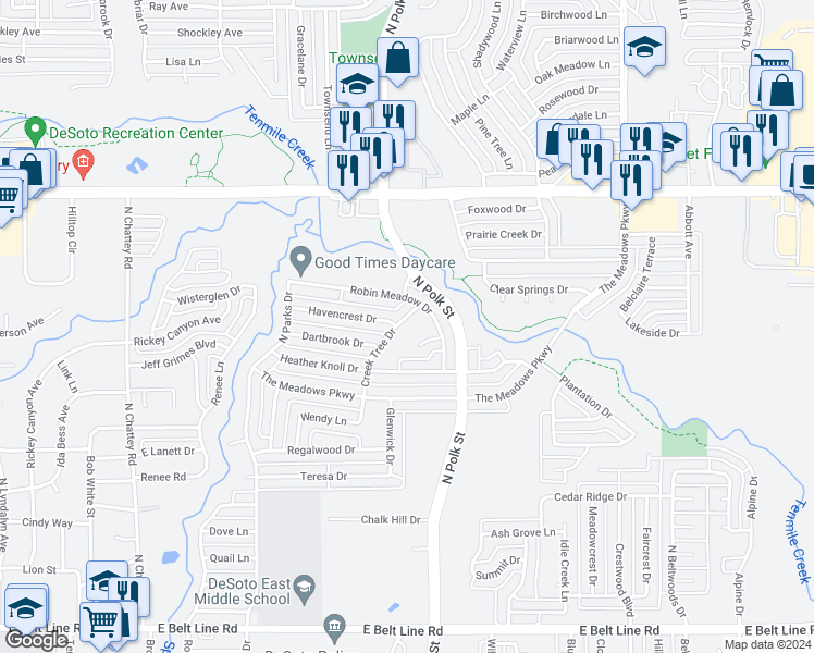 map of restaurants, bars, coffee shops, grocery stores, and more near 704 Creek Tree Drive in DeSoto