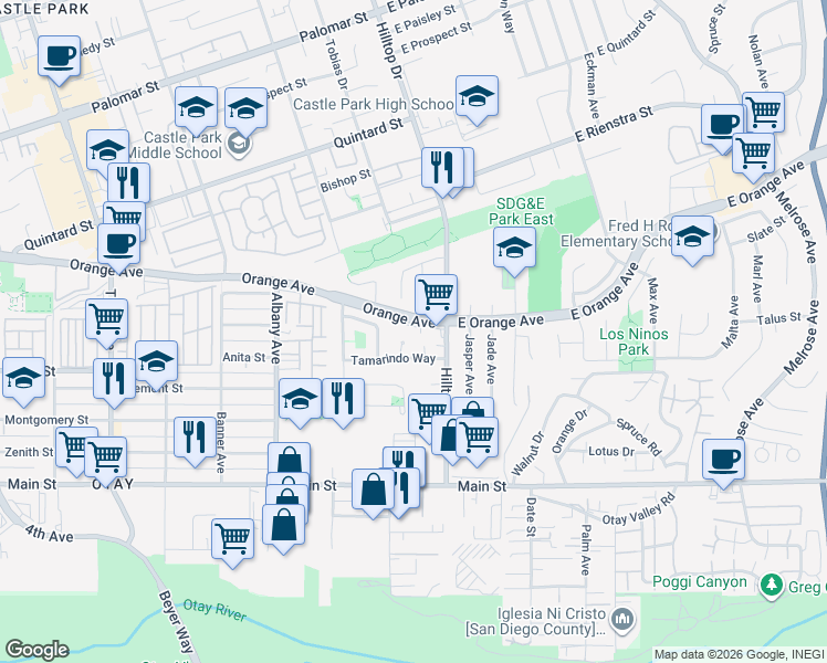 map of restaurants, bars, coffee shops, grocery stores, and more near 32 Orange Avenue in Chula Vista