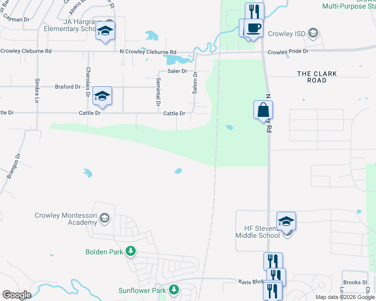map of restaurants, bars, coffee shops, grocery stores, and more near 1015 North Crowley Road in Crowley