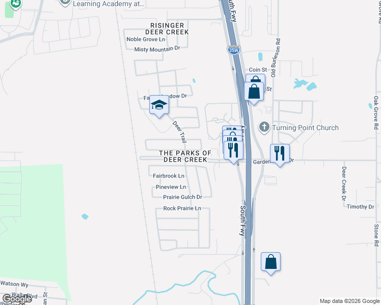 map of restaurants, bars, coffee shops, grocery stores, and more near 321 Roundrock Lane in Fort Worth