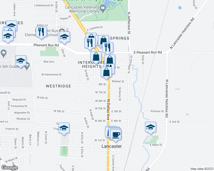 map of restaurants, bars, coffee shops, grocery stores, and more near 823 North Dallas Avenue in Lancaster