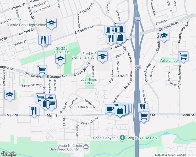 map of restaurants, bars, coffee shops, grocery stores, and more near 204 Malito Court in Chula Vista