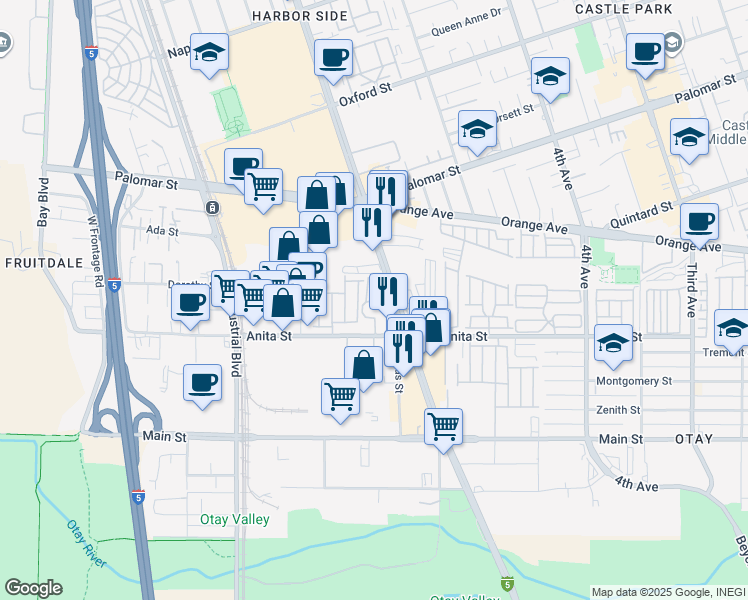 map of restaurants, bars, coffee shops, grocery stores, and more near 586 Anita Street in Chula Vista