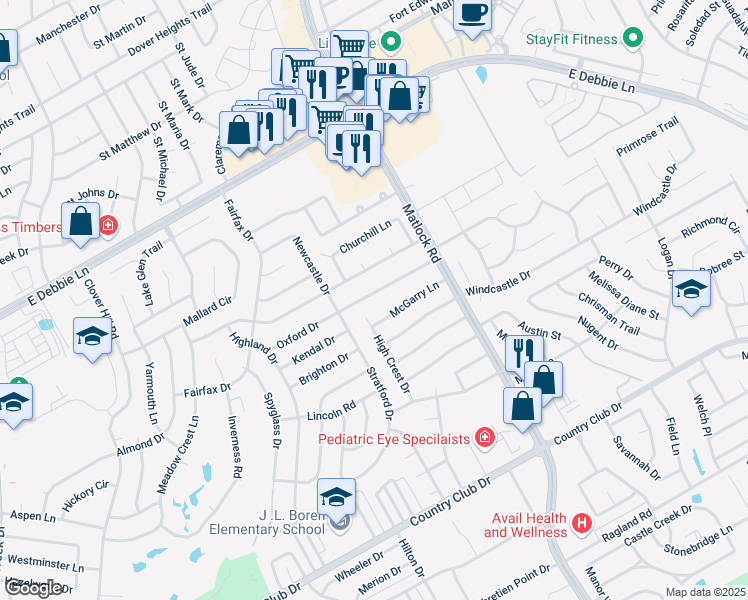 map of restaurants, bars, coffee shops, grocery stores, and more near 1605 McGarry Lane in Mansfield