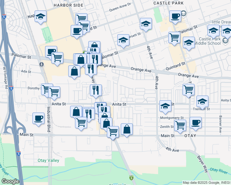 map of restaurants, bars, coffee shops, grocery stores, and more near 521 Orange Avenue in Chula Vista