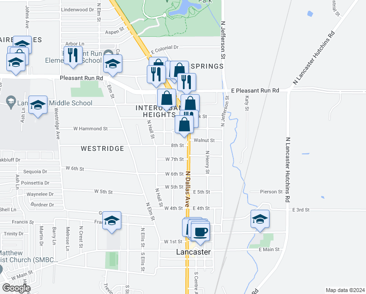 map of restaurants, bars, coffee shops, grocery stores, and more near 110 West 8th Street in Lancaster