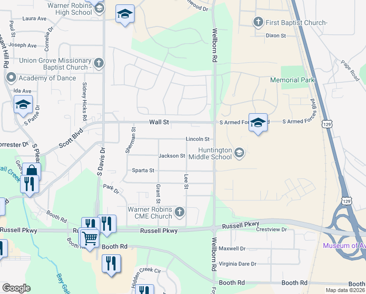 map of restaurants, bars, coffee shops, grocery stores, and more near 109 Lee Street in Warner Robins