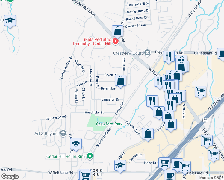map of restaurants, bars, coffee shops, grocery stores, and more near 311 Bryant Lane in Cedar Hill