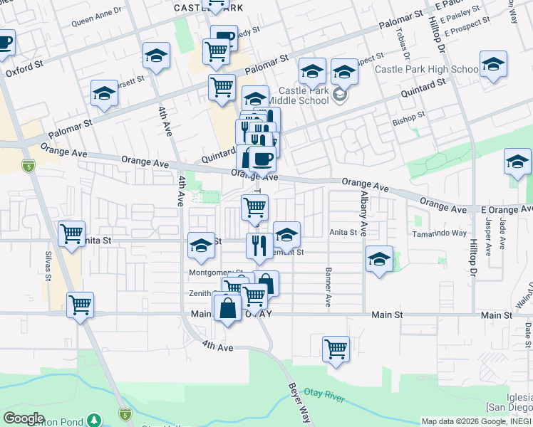 map of restaurants, bars, coffee shops, grocery stores, and more near 1527 Avenida Rosa in Chula Vista