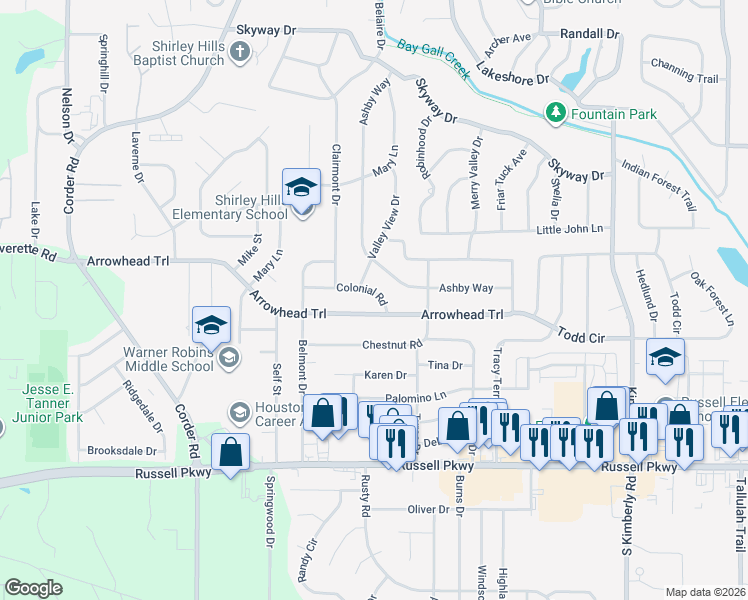 map of restaurants, bars, coffee shops, grocery stores, and more near 614 Arrowhead Trail in Warner Robins