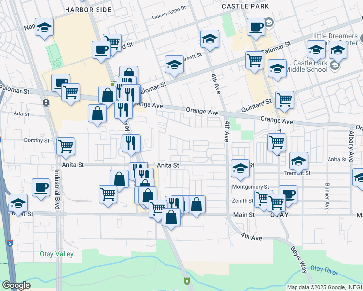 map of restaurants, bars, coffee shops, grocery stores, and more near 502 Anita Street in Chula Vista