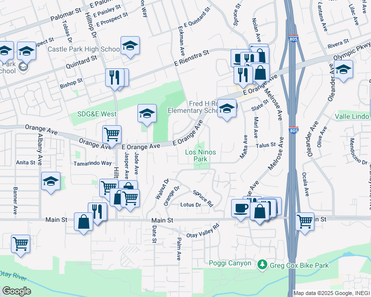 map of restaurants, bars, coffee shops, grocery stores, and more near 1581 Skylark Way in Chula Vista
