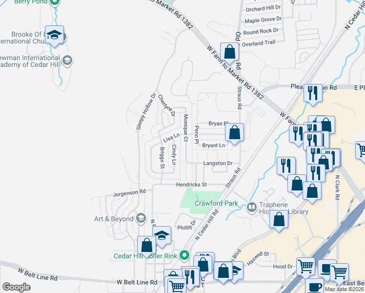 map of restaurants, bars, coffee shops, grocery stores, and more near 734 Monique Court in Cedar Hill