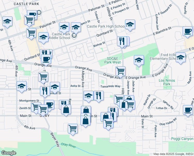 map of restaurants, bars, coffee shops, grocery stores, and more near 1553 Connoley Avenue in Chula Vista