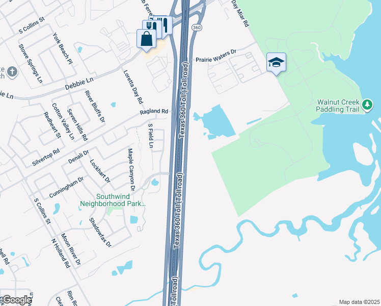map of restaurants, bars, coffee shops, grocery stores, and more near State Highway 360 in Grand Prairie