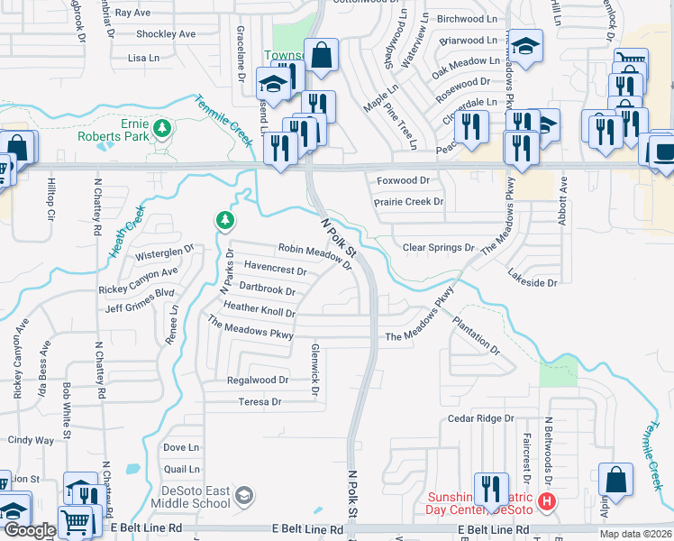 map of restaurants, bars, coffee shops, grocery stores, and more near 712 Creek Tree Drive in DeSoto