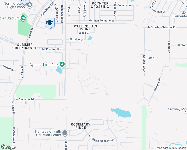 map of restaurants, bars, coffee shops, grocery stores, and more near West Cleburne Road in Crowley