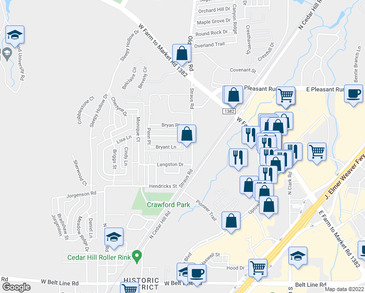 map of restaurants, bars, coffee shops, grocery stores, and more near 700 Berry Lane in Cedar Hill