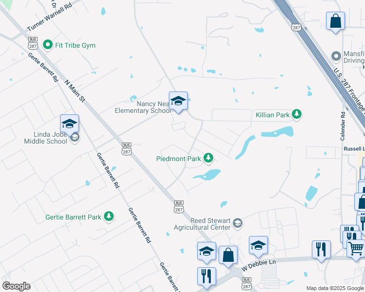 map of restaurants, bars, coffee shops, grocery stores, and more near 1412 Piedmont Drive in Mansfield