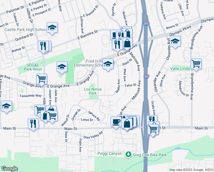 map of restaurants, bars, coffee shops, grocery stores, and more near 204 Malito Court in Chula Vista