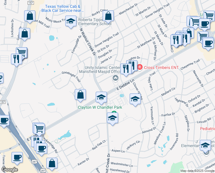 map of restaurants, bars, coffee shops, grocery stores, and more near 1700 North Walnut Creek Drive in Mansfield