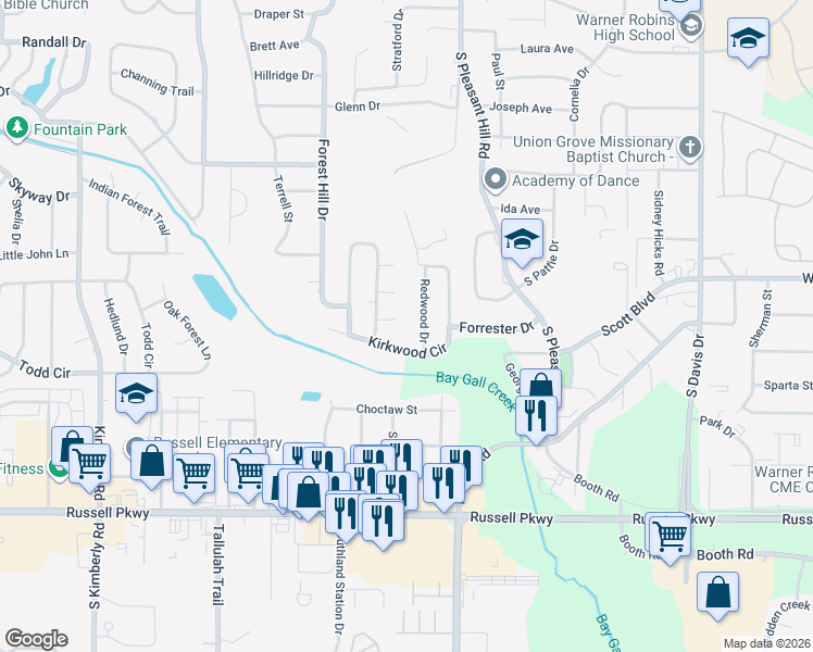 map of restaurants, bars, coffee shops, grocery stores, and more near 302 Kirkwood Circle in Warner Robins