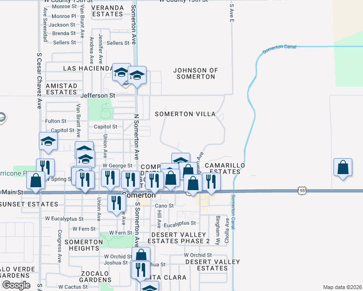 map of restaurants, bars, coffee shops, grocery stores, and more near 297 North Marshall Loop Road in Somerton