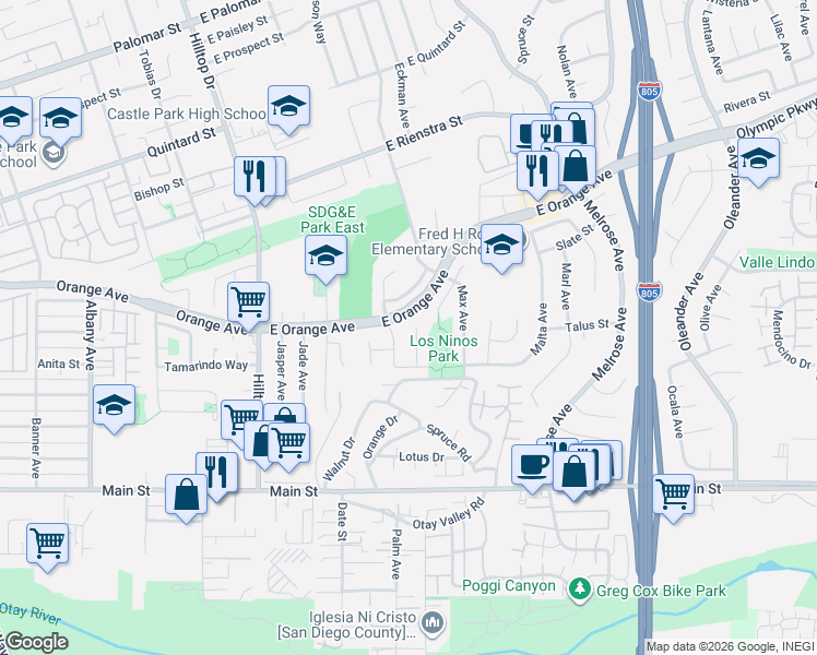 map of restaurants, bars, coffee shops, grocery stores, and more near 1581 Skylark Way in Chula Vista
