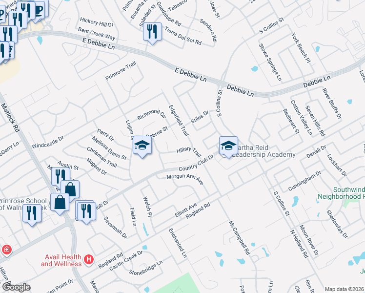 map of restaurants, bars, coffee shops, grocery stores, and more near 2419 Hillary Trail in Mansfield