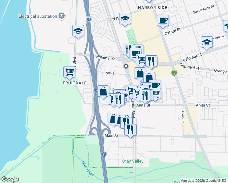 map of restaurants, bars, coffee shops, grocery stores, and more near 779 Dorothy Street in Chula Vista