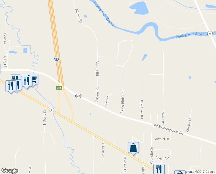 map of restaurants, bars, coffee shops, grocery stores, and more near 4929 Albany Road in Shreveport