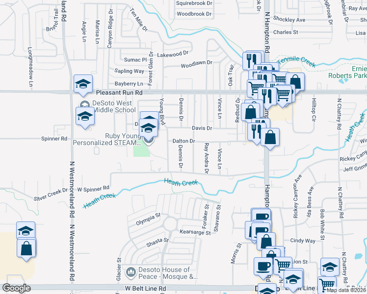 map of restaurants, bars, coffee shops, grocery stores, and more near 614 Dennis Drive in DeSoto