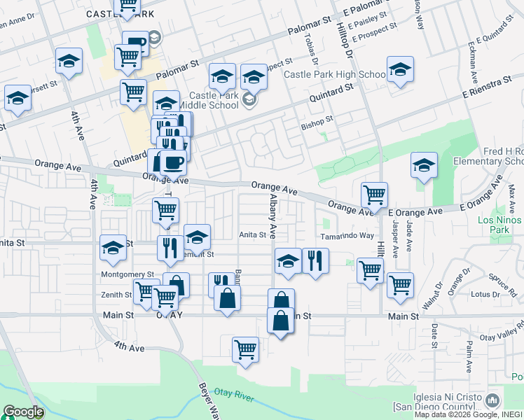 map of restaurants, bars, coffee shops, grocery stores, and more near 157 Carver Street in Chula Vista