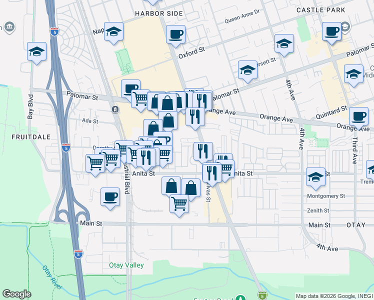 map of restaurants, bars, coffee shops, grocery stores, and more near 600 Anita Street in Chula Vista