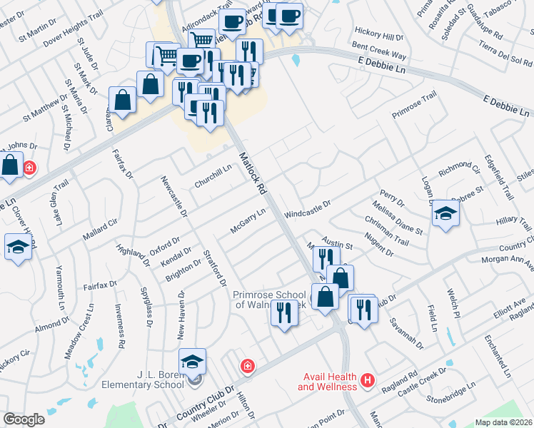 map of restaurants, bars, coffee shops, grocery stores, and more near 1716 Windcastle Drive in Mansfield