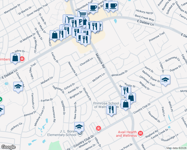 map of restaurants, bars, coffee shops, grocery stores, and more near 1605 McGarry Lane in Mansfield