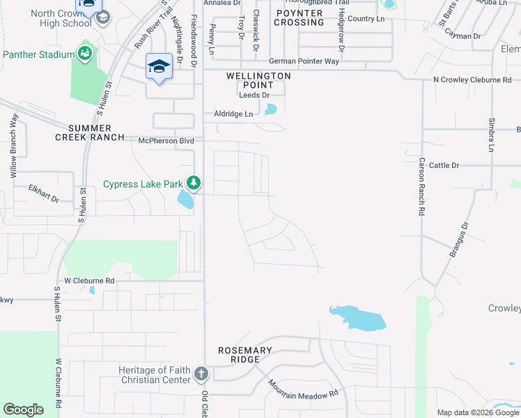 map of restaurants, bars, coffee shops, grocery stores, and more near 9759-9999 West Cleburne Road in Crowley