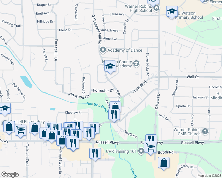 map of restaurants, bars, coffee shops, grocery stores, and more near 109 George Circle in Warner Robins
