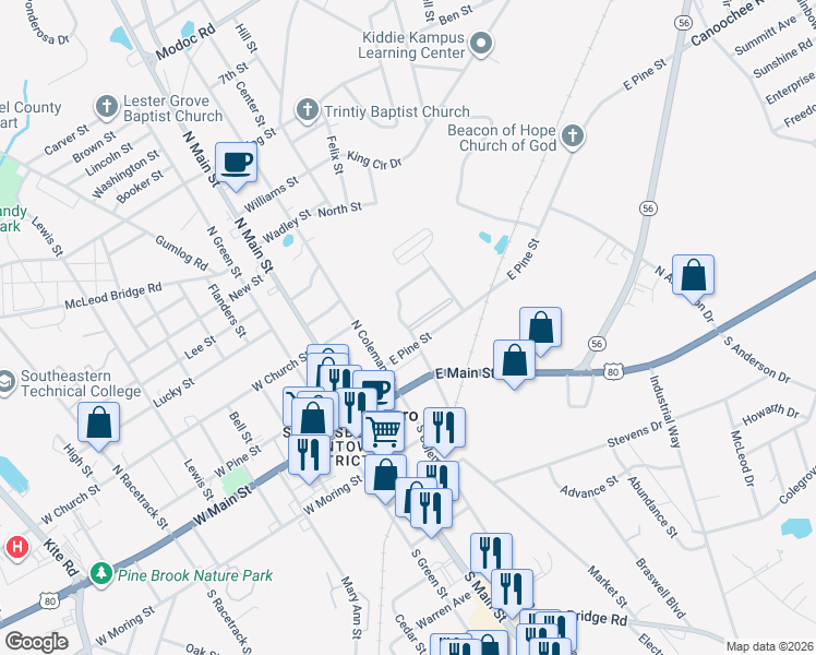 map of restaurants, bars, coffee shops, grocery stores, and more near East Street in Swainsboro
