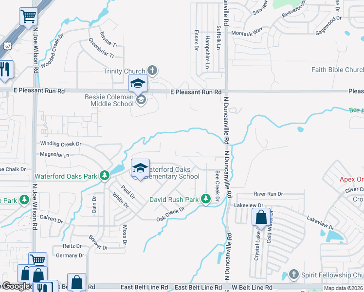 map of restaurants, bars, coffee shops, grocery stores, and more near 601 North Duncanville Road in Cedar Hill