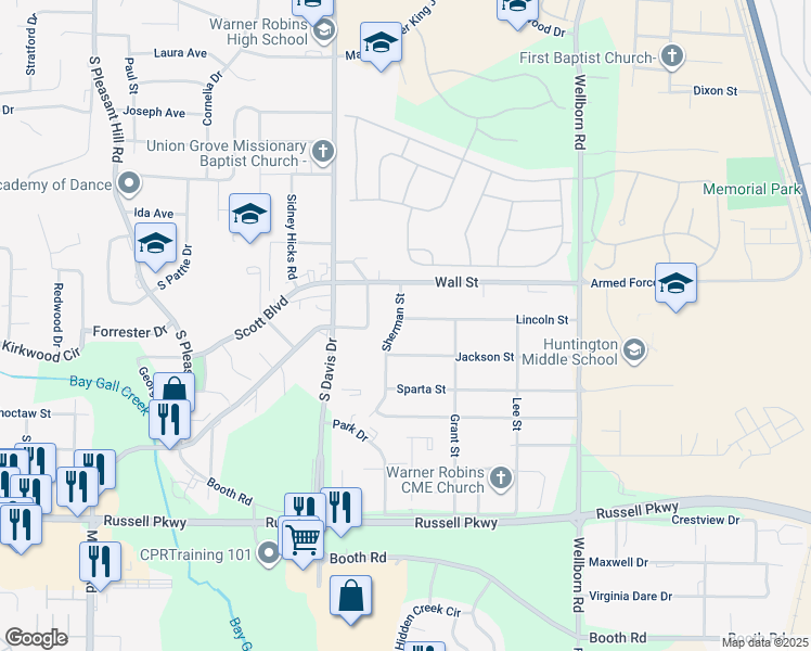 map of restaurants, bars, coffee shops, grocery stores, and more near 98 Sherman Street in Warner Robins