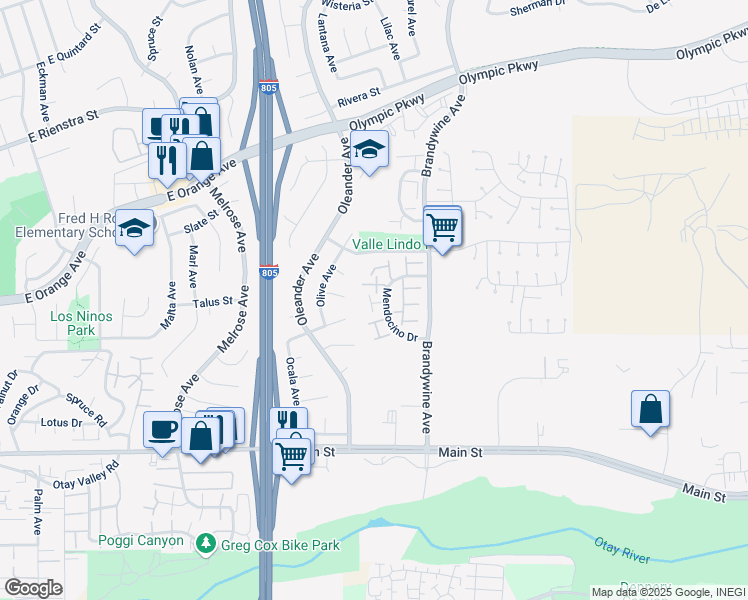 map of restaurants, bars, coffee shops, grocery stores, and more near 1575 Mendocino Drive in Chula Vista