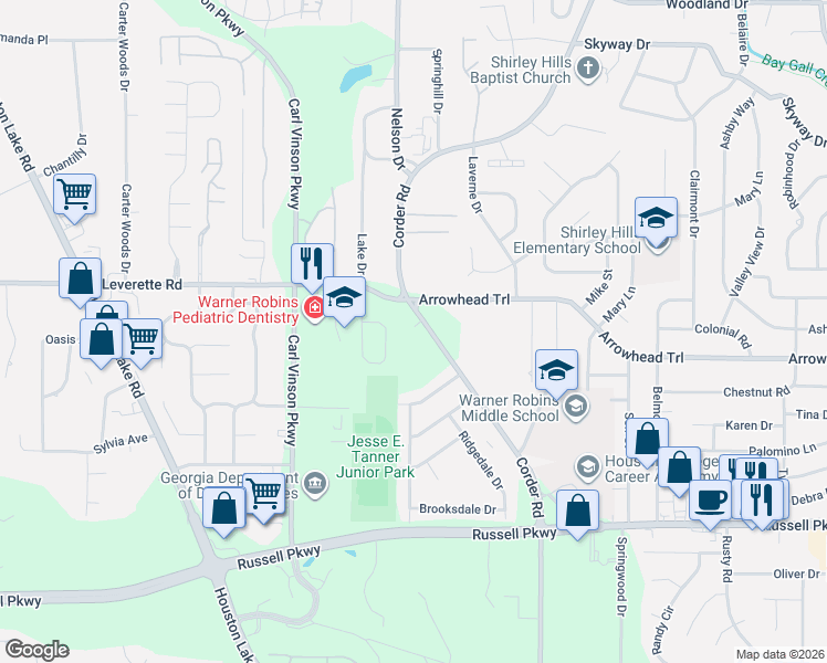 map of restaurants, bars, coffee shops, grocery stores, and more near 1000 Corder Road in Warner Robins